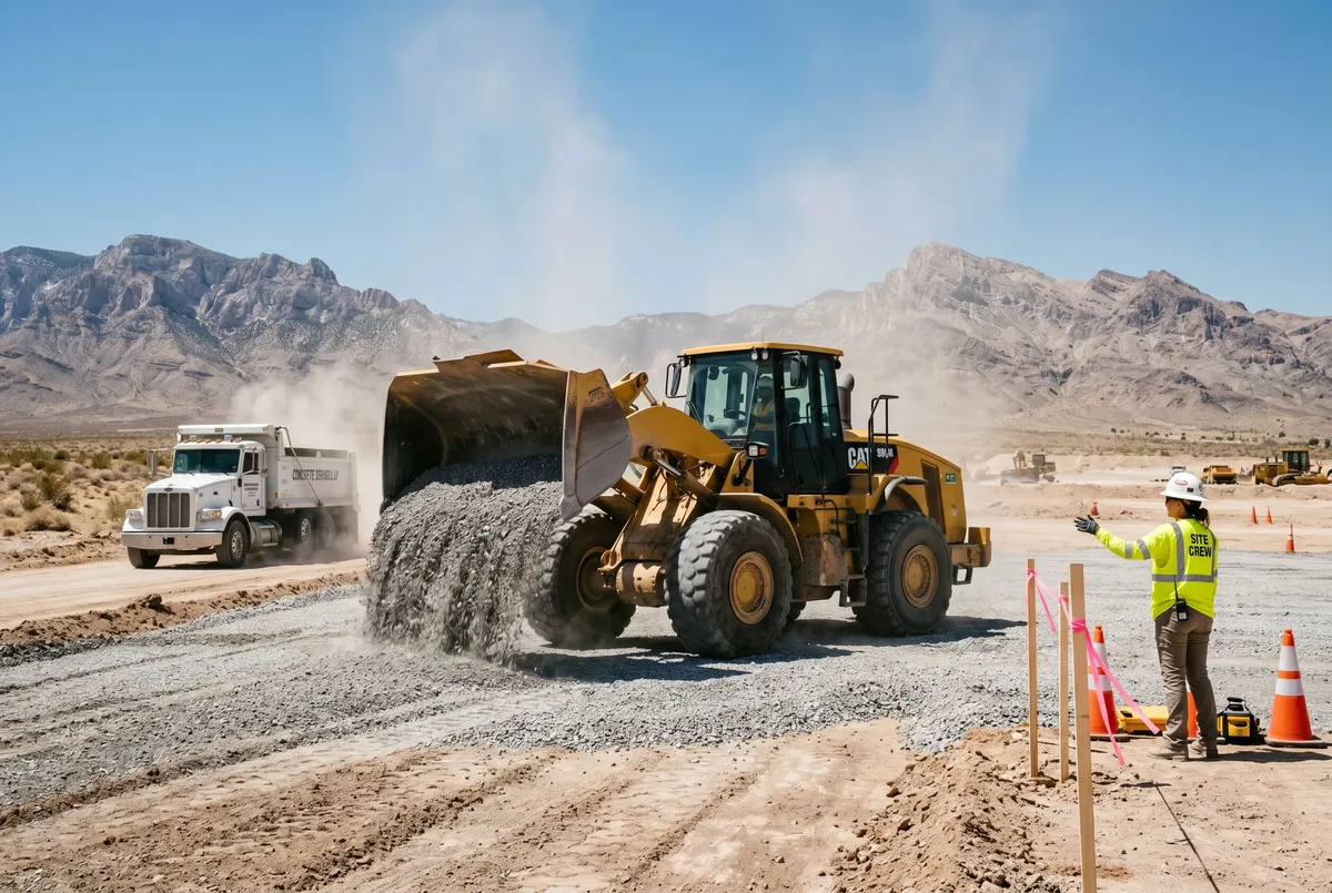 wheel loader spreading crushed aggregate base on a graded commercial pad at las vegas jobsite