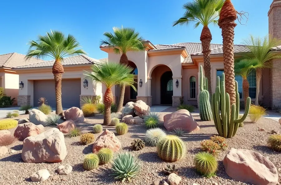 finished xeriscape front yard at a las vegas home using snwa rebate materials decorative rock decomposed granite and boulders